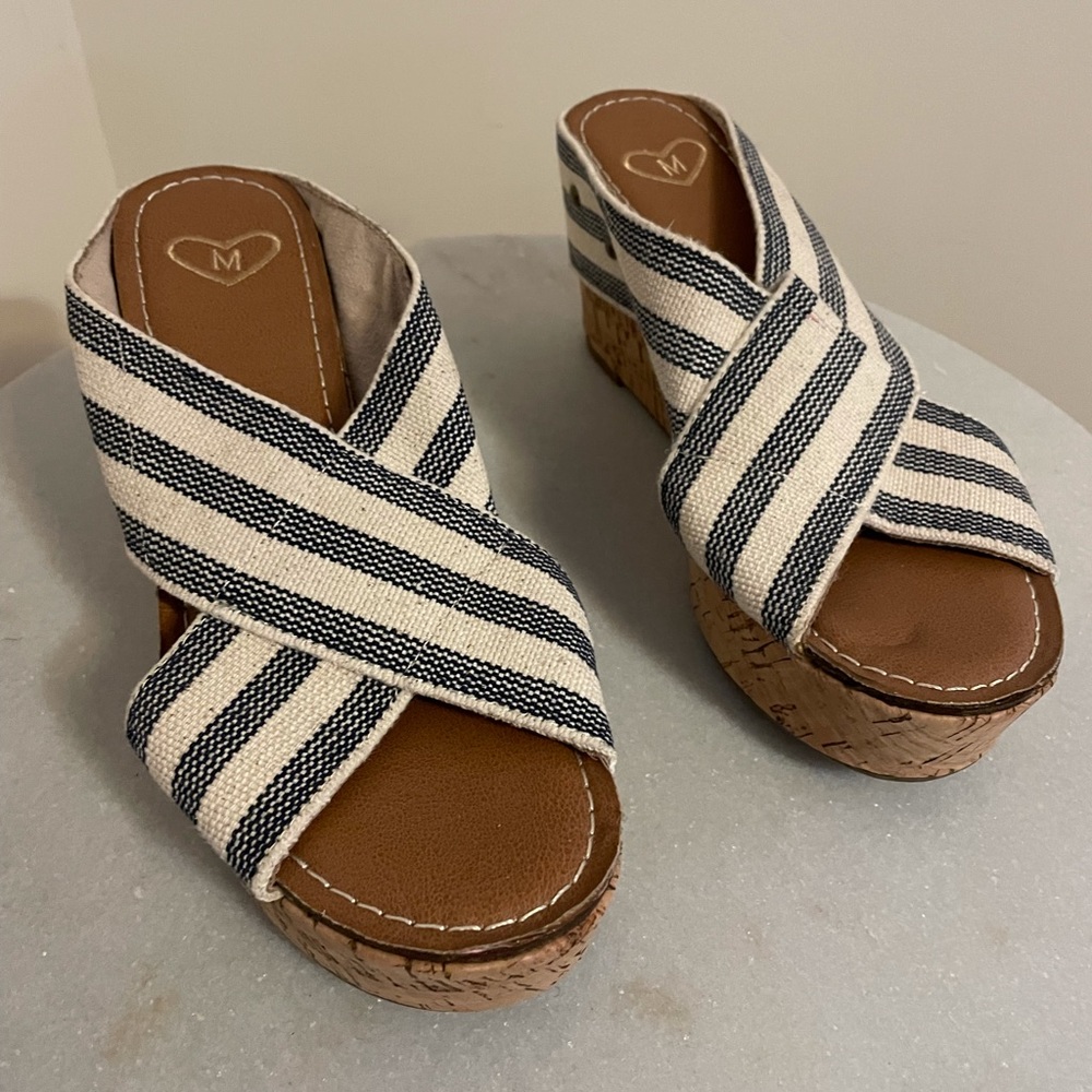 Madeline Adonis Blue and Cream Colored Cork Wedge Sandals Size 7.5